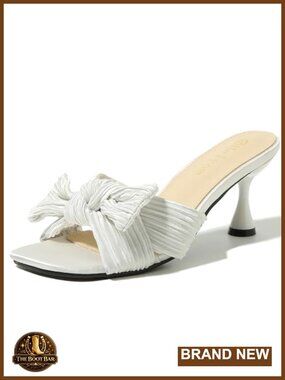 Women's Satin Bowknot Stiletto Heeled Mules Sandals Square Toe Slip On Wedding